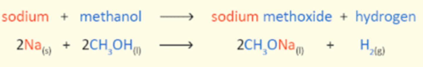 <p>Gives metal alkoxide ions and hydrogen gas</p><p>alkoxide ions are very basic</p>