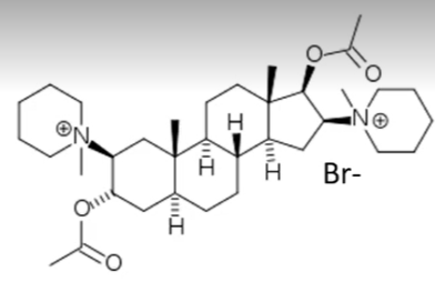 <p>steroid based neuromuscular blocking agent</p><p></p><p>has a mix of active and inactive metabolites</p><p></p><p>increases blood pressure and heart ratev</p>