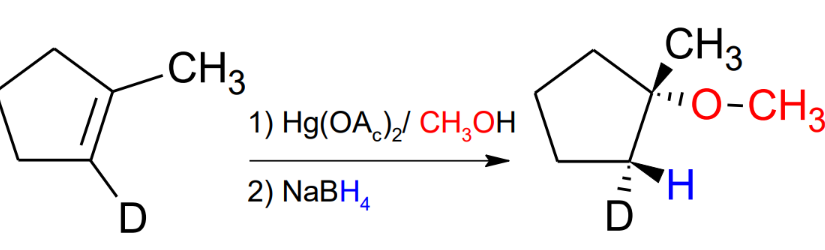 <p>mark and anti-stereochemistry</p><p>Adds a CH3 to the Oxygen, compared to just the alcohol in the reaction with ony water.</p>
