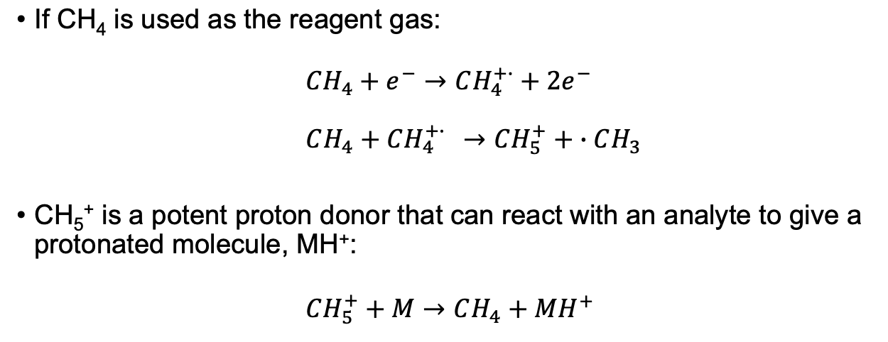 <ul><li><p>Reagent gas ionized.</p></li><li><p>Reagent ions form.</p></li><li><p>X ionized.</p></li></ul><p><em>(Lower int E transferred w/ little frag)</em></p>