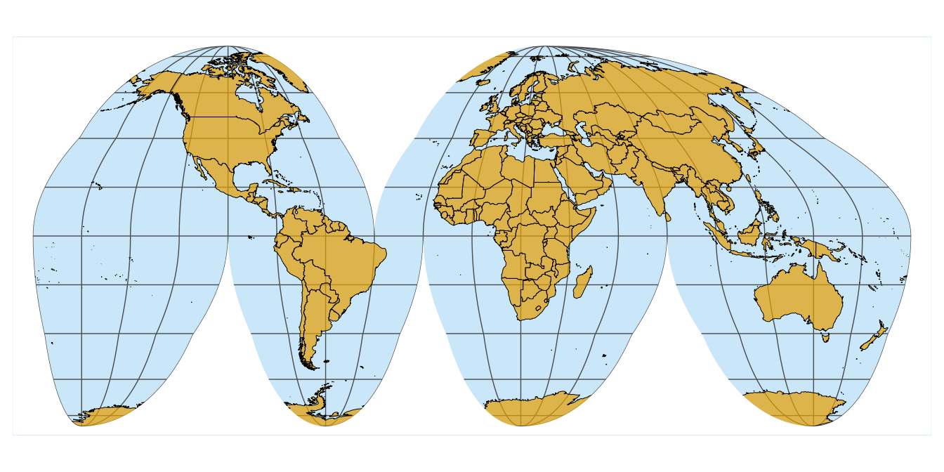 <p>a map projection that avoids shape distortion and the restrictions of a rectangle map by creating “interrupts” in maps “continually"; map projection shown equally</p>