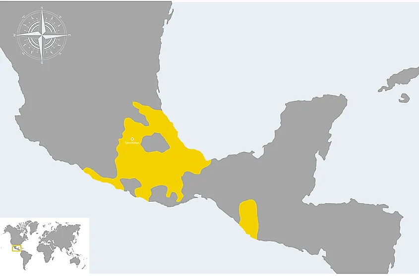 An empire in central Mexico with the capital Tenochtitlan (present-day Mexico City) that gained most of its land through conquering. They used aqueducts and chinampas, had a tribute system on conquered people to insure dominance, had a theocratic government, and performed many human sacrifices.
LO 1.9) This empire developed and changed over time through the use of new agricultural technology due to the large population and demand for more food supply. 