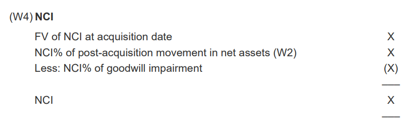 <p>FV of NCI at acquisition date X<br>NCI% of post-acquisition movement in net assets (W2) X</p><p>Less: NCI% of goodwill impairment (X)</p><p></p><p>NCI at year end X</p><p></p><p></p>