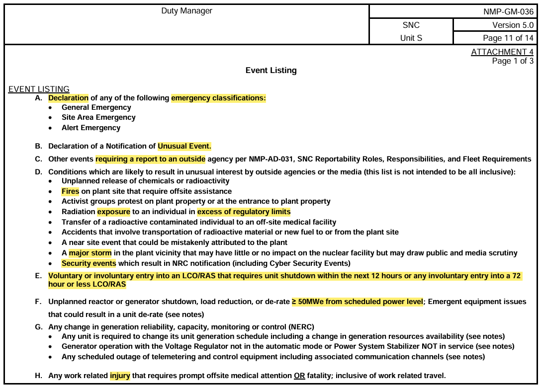<p>NMP-GM-036 Duty Manager</p><p>Specific events that require SM to notify SDM and subsequent additional parties</p>