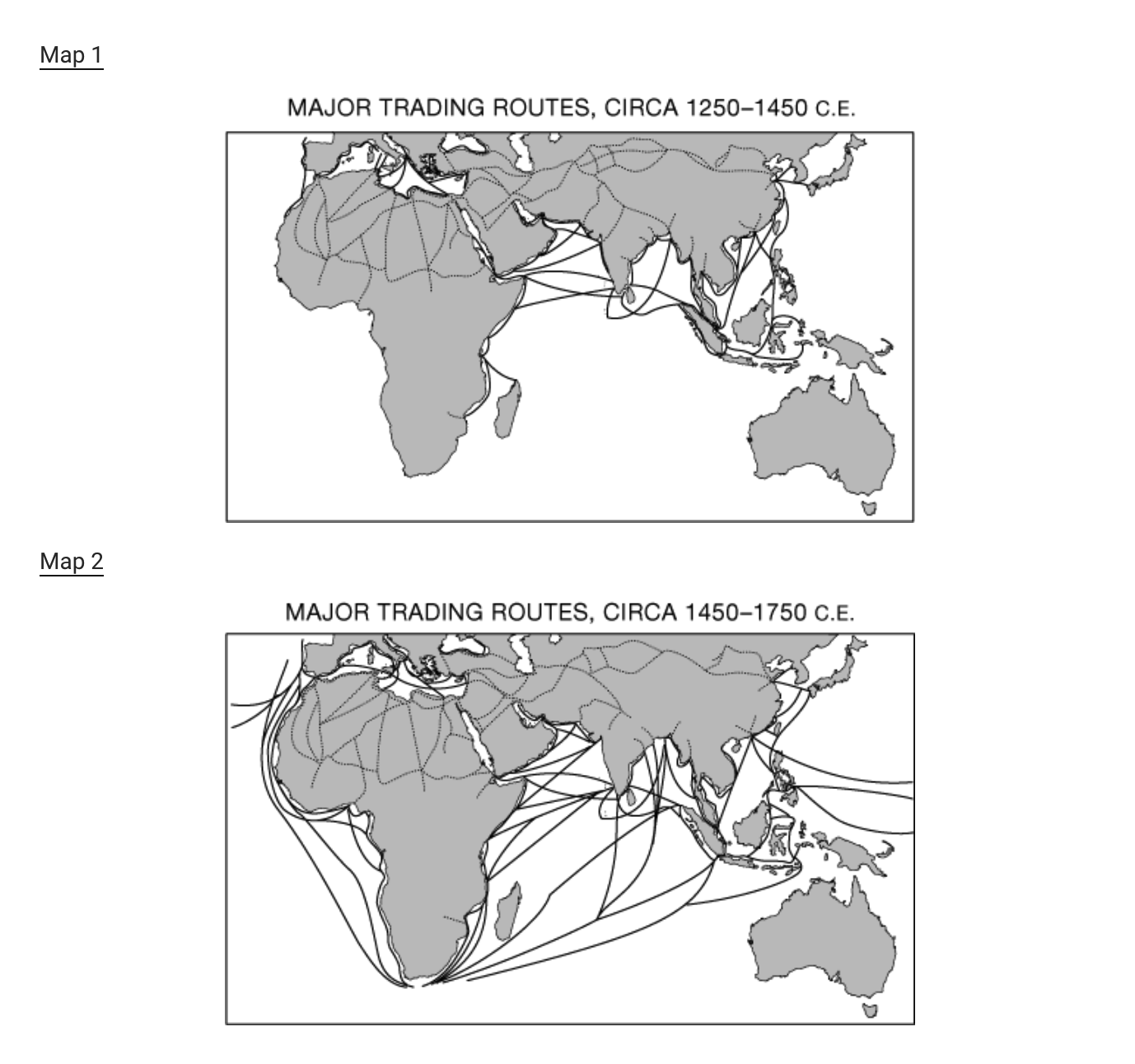 <p>The maritime trade connections involving East Africa shown on <span>Map 1</span> provided a setting for which of the following developments?</p>