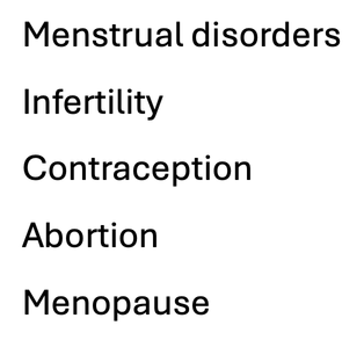 <p>-Menstrual disorders</p><p>-Infertility</p><p>-Contraception</p><p>-abortion</p><p>-Menopause</p>