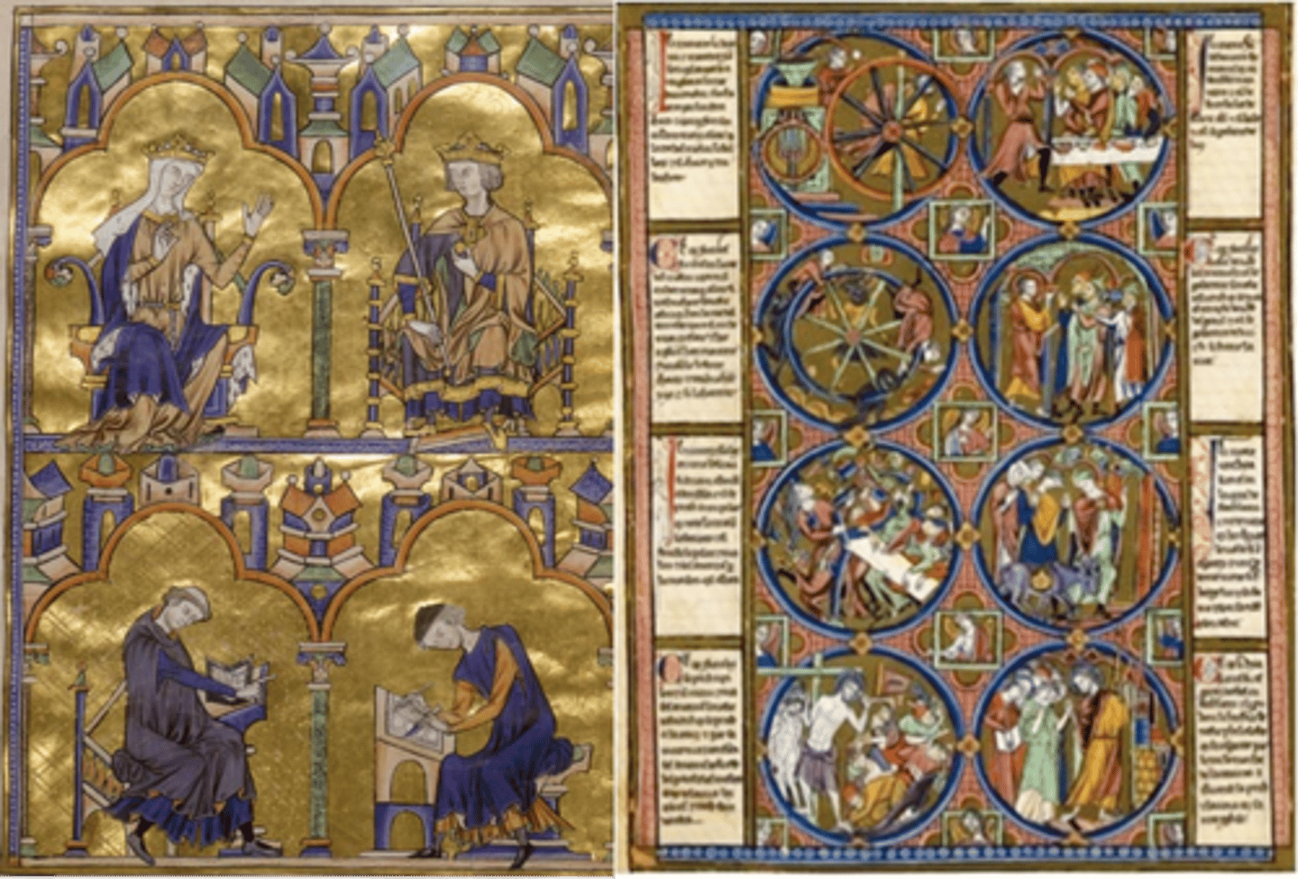 <p>From Paris, France; 1226-1234; ink tempera, and gold leaf on vellum</p><p>Young Louis IX is on the top right and he is depicted as young because he doesn't have a beard</p><p>His mother is on the top left and her hand is raised which is a symbol of power</p><p>Louis holds a sceptor, wears a crown, has a fibula, and holds a medallion in his hand which are all suggestive that he will one day take the throne</p><p>At the bottom there are two monks that depict them working on this bible</p><p>(left) is an oler monk who is instructing to the younger scribe (right) how to work</p><p>Young one has a knife in his left hand and a stylus in his right and we can see him working on the 8 medallions on the page</p>