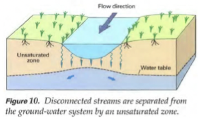 <p>can be connected or disconnected from stream</p><p>when connected, water flows directly from stream channel into adjacent groundwater<br>when disconnected, WT mound below stream</p><p>GW flow diverges and equip lines point downstream</p>