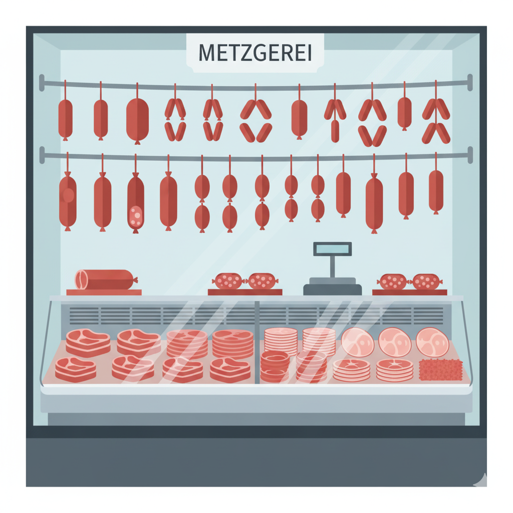 <p><strong>das Fleisch</strong> (the meat). "-erei" denotes a place of business where something is made or sold. (Like <em>Bäckerei</em> from <em>backen</em>).<br>Metzger - butcher </p>