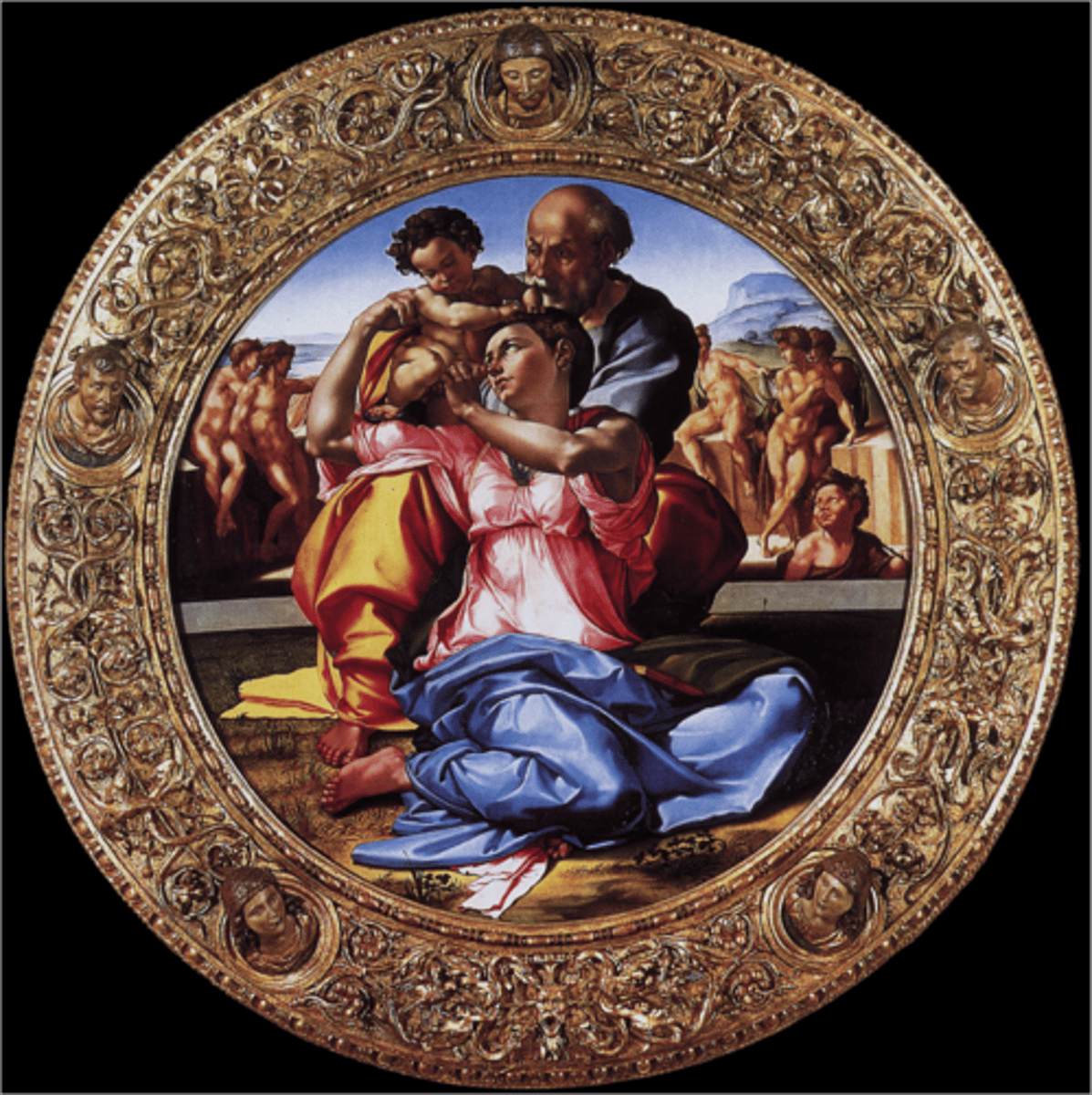 <p>-Only preserved completed painted panel by Michelangelo</p><p>-Commissioned by Maddalena Strozzi and Agnolo Doni, likely for their wedding</p><p>-5 portrait heads, Christ, 2 profits, 2 Civils</p><p>-Embeded symbols of Doni and Strozzi</p><p>-Influenced by Leo and Raph</p><p>-Unusually active Joseph</p><p>-Back figures are either wingless angels or classical nudes</p><p>-John the Baptist serving as an intermediary between biblical/pagan past</p><p>-Deco da parto</p><p>-Virtu</p><p>-Figura Seroentinata</p>