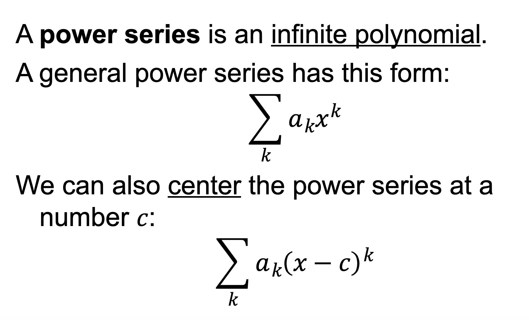 <ul><li><p>has 2 “variables”</p></li><li><p>x is treated like a number, and conv/div is dependent on x</p></li></ul><p></p><p>To solve:</p><ol><li><p>use Ratio/Root test to determine for which values x the series conv/div</p></li><li><p>after obtaining the inequality, solve for the “edge cases” of the series</p></li><li><p>plug in each “edge x” into the series and separately determine if each series conv/div</p></li><li><p>use all the info to determine I.O.C. and R.O.C</p></li></ol><p></p><p>I.O.C. and R.O.C:</p><ul><li><p>I.O.C. = range of values for which the series converges</p></li><li><p>R.O.C = half the length of the I.O.C.</p><ul><li><p>If I.O.C. = all real numbers, R.O.C = infinity</p></li><li><p>If I.O.C. = just the center, R.O.C = 0</p></li></ul></li></ul><p></p>
