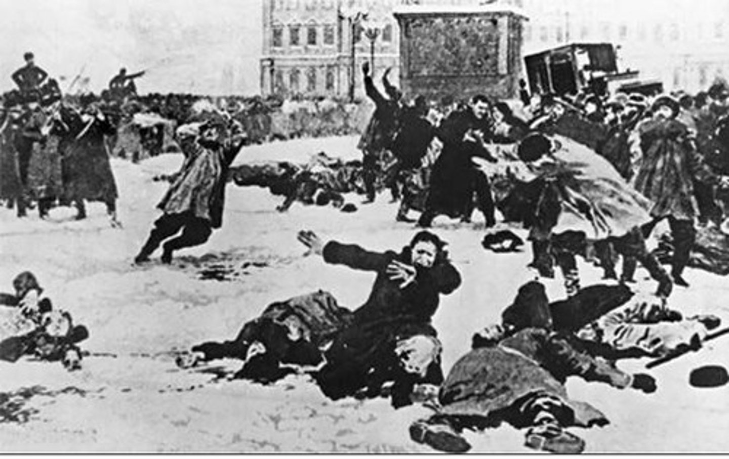 <p>A massacre of peaceful protesters at the Winter Palace in St. Petersburg in 1905,</p>