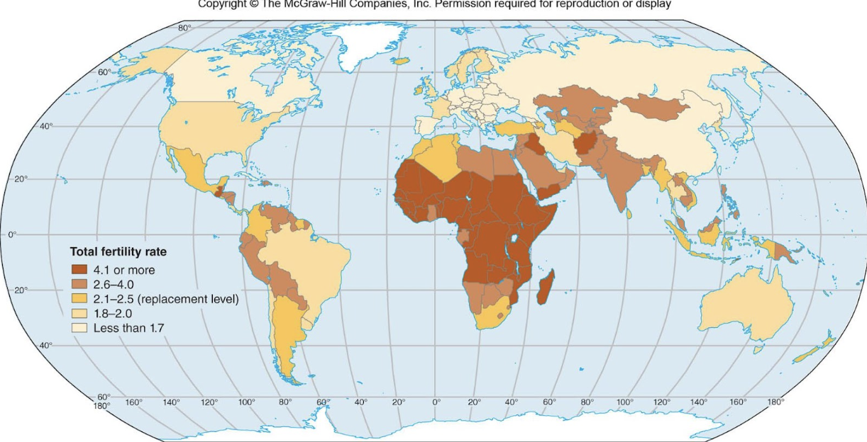 <p>When one compares Africa and South America on the total fertility rate map (above), one comes to the conclusion that</p>