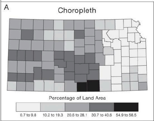 <p>Features are shaded or patterned in proportion to the quantitative value of the features. Simple choropleth maps: values are classified into classes.</p>