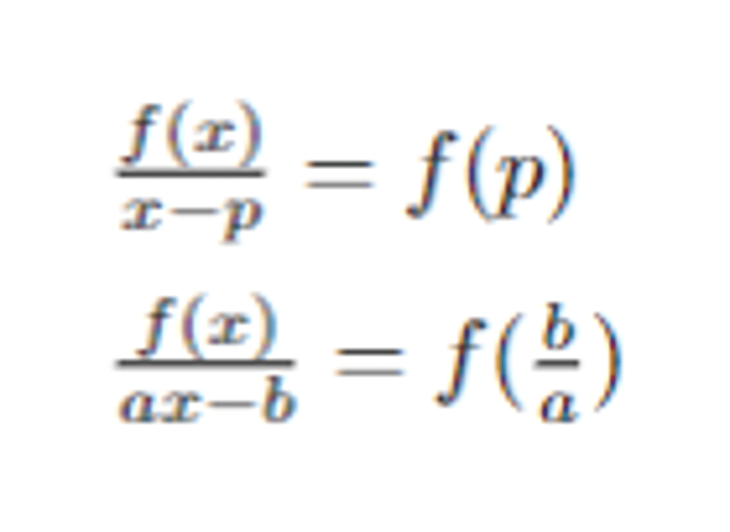 <p>When p(x) is divided by (ax+b)</p><p>Remainder = p(-b/a)</p>