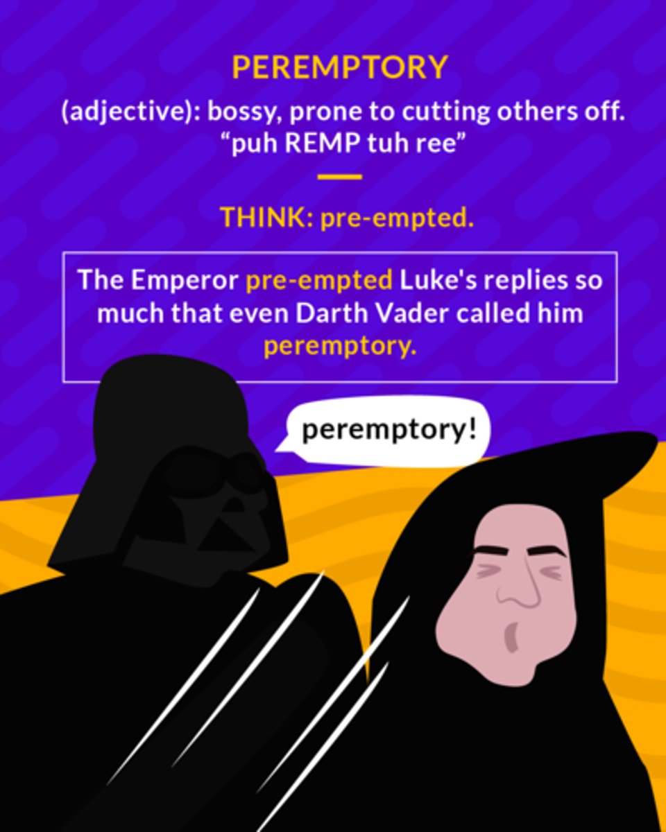 <p>(adj.) having the nature of a command that leaves no opportunity for debate, denial, or refusal; offensively self-assured, dictatorial; determined, resolute</p><p>(adj.) bossy</p>