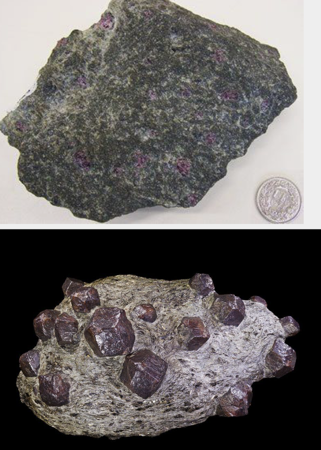 <p>Generally red or pink, crystals often 12-sided, associated with metamorphism</p>
