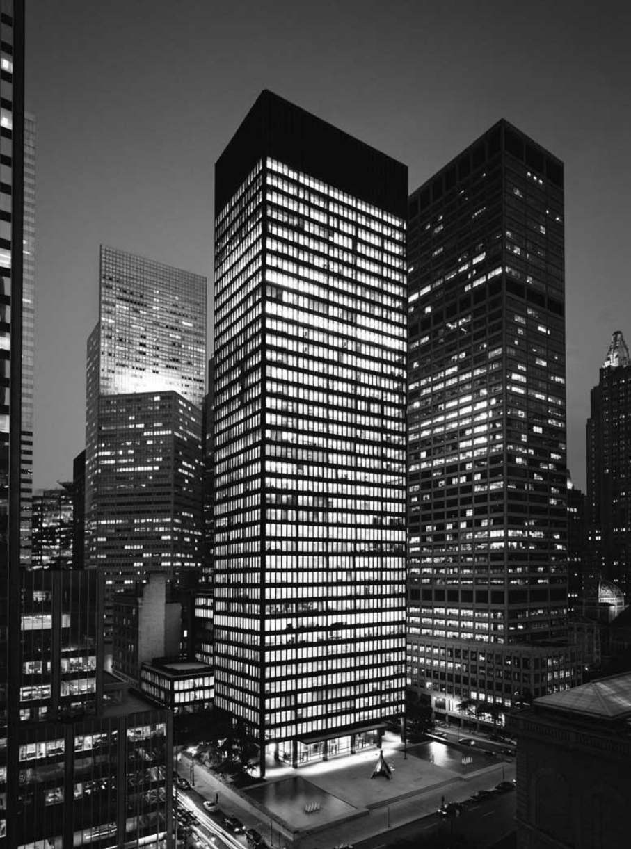 <p><span><span>Bronze curtain wall skyscraper, plaza setback</span></span></p>