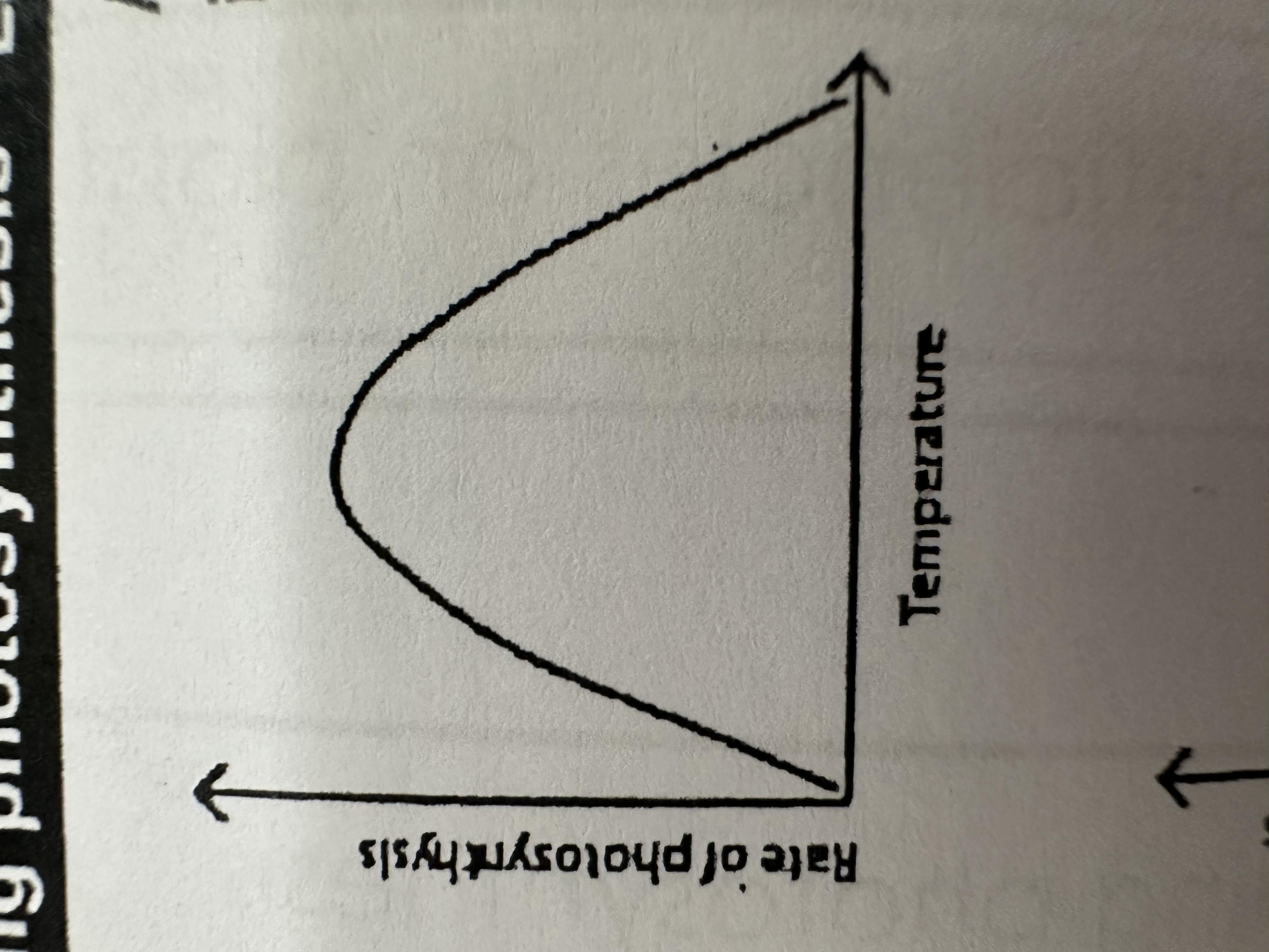 <p>Increases to an optimum then decreases because photosynthesis is controlled by enzymes and their activity increases until they denature.</p>