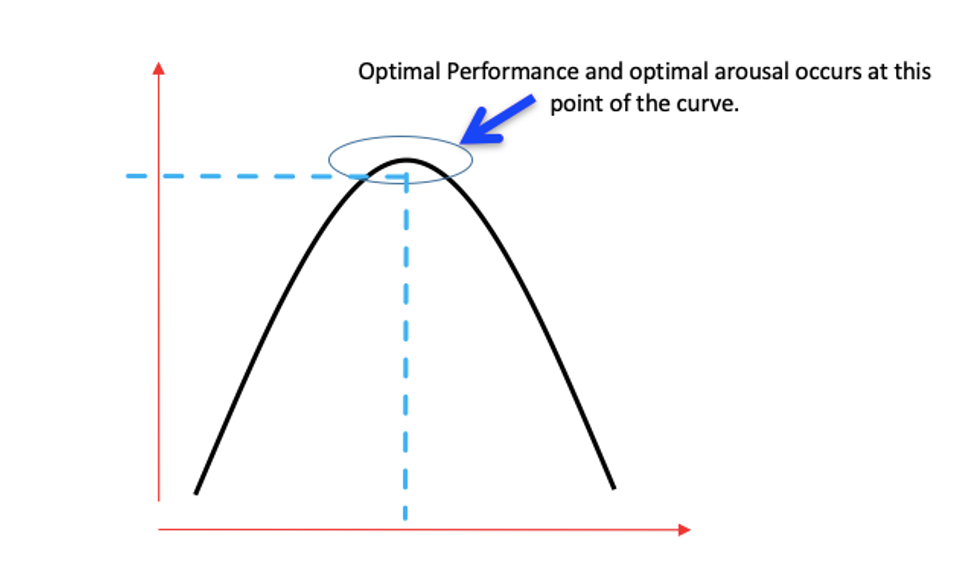 <ul><li><p>optimal performance occurs at an intermediate level of arousal</p></li><li><p>low + high levels of arousal —&gt; impaired performance</p></li></ul>