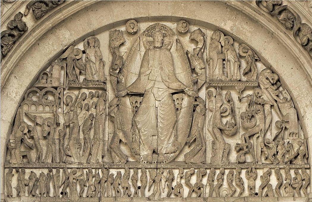<ul><li><p>Shows huge figure, God (or Jesus), in the middle of the tympanum w/ a mandola</p></li><li><p>On the left is the weighing of souls, the right shows the blessed, good people</p></li><li><p>Bottom of the tympanum shows how the judgment will affect the dead as well, people rising up from the dead</p></li><li><p>Scary devils are there to remind the viewers to be ready for judgment day</p></li></ul><p></p>