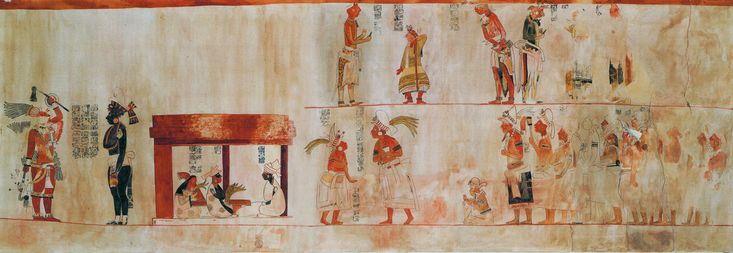 <p>Early Classic. Likely an inside wall, depicts unnamed figures. Two registers (levels), thought to be levels of a pyramid. Gathering, cooking? No gods or goddesses. Text on mural could be description or conversation between people.</p>