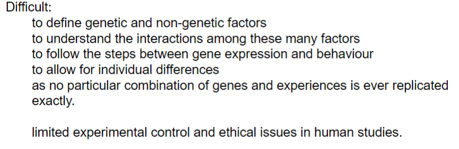 <ul><li><p>environment can change gene expression (epigenetics)</p></li><li><p>genes can alter how we interact and react to a particular environment</p></li></ul>