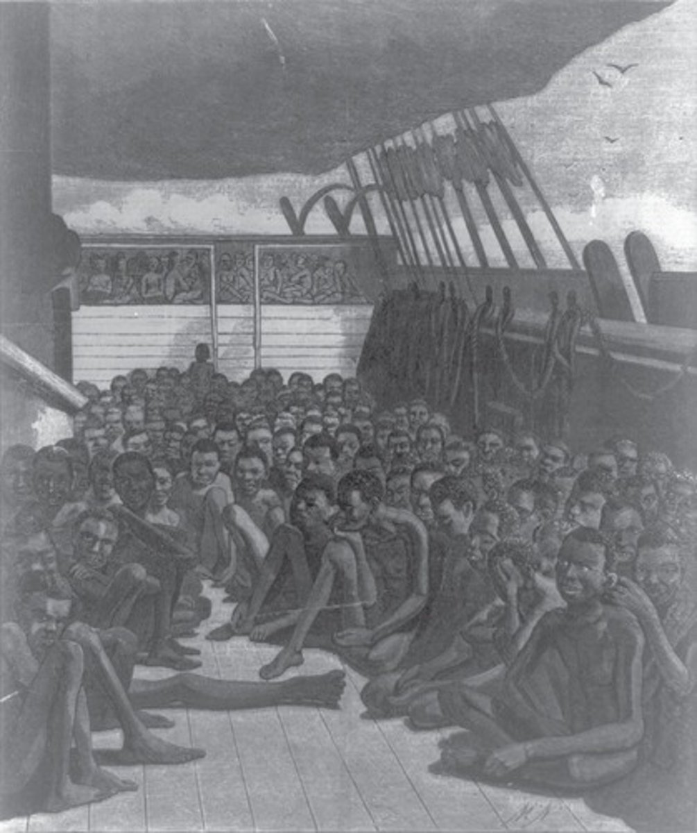 <p>A historical representation of the conditions aboard slave ships.</p>