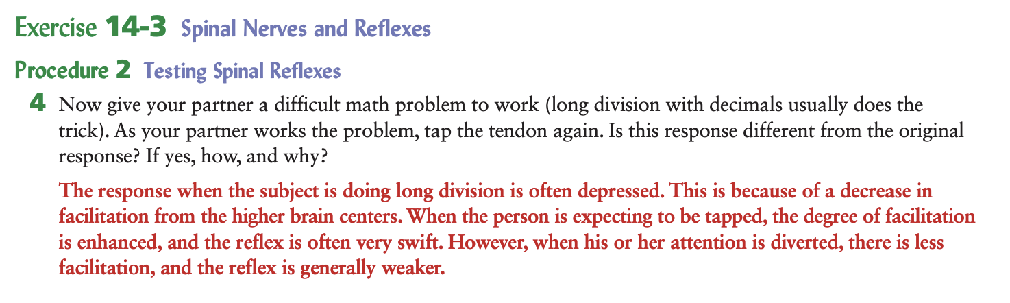 <p>The response is <strong>depressed</strong> (weaker) due to:</p><ul><li><p><strong>A decrease in facilitation</strong> from the higher brain centers because the subject’s <strong>attention is diverted</strong></p></li></ul><p></p>