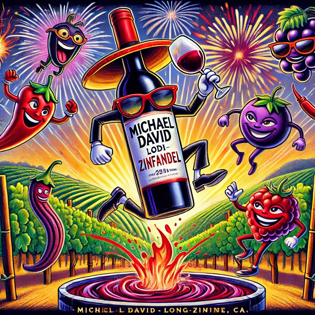 The scene features black raspberry and licorice characters bouncing on pepper-shaped trampolines, with a rich wine river splashing spice-filled waves. A charismatic wine bottle with sunglasses and a top hat proudly oversees the dynamic vineyard, while a fireworks display symbolizes the exciting and long-lasting finish. This lively and colorful depiction captures the Zinfandel's bold and jammy personality