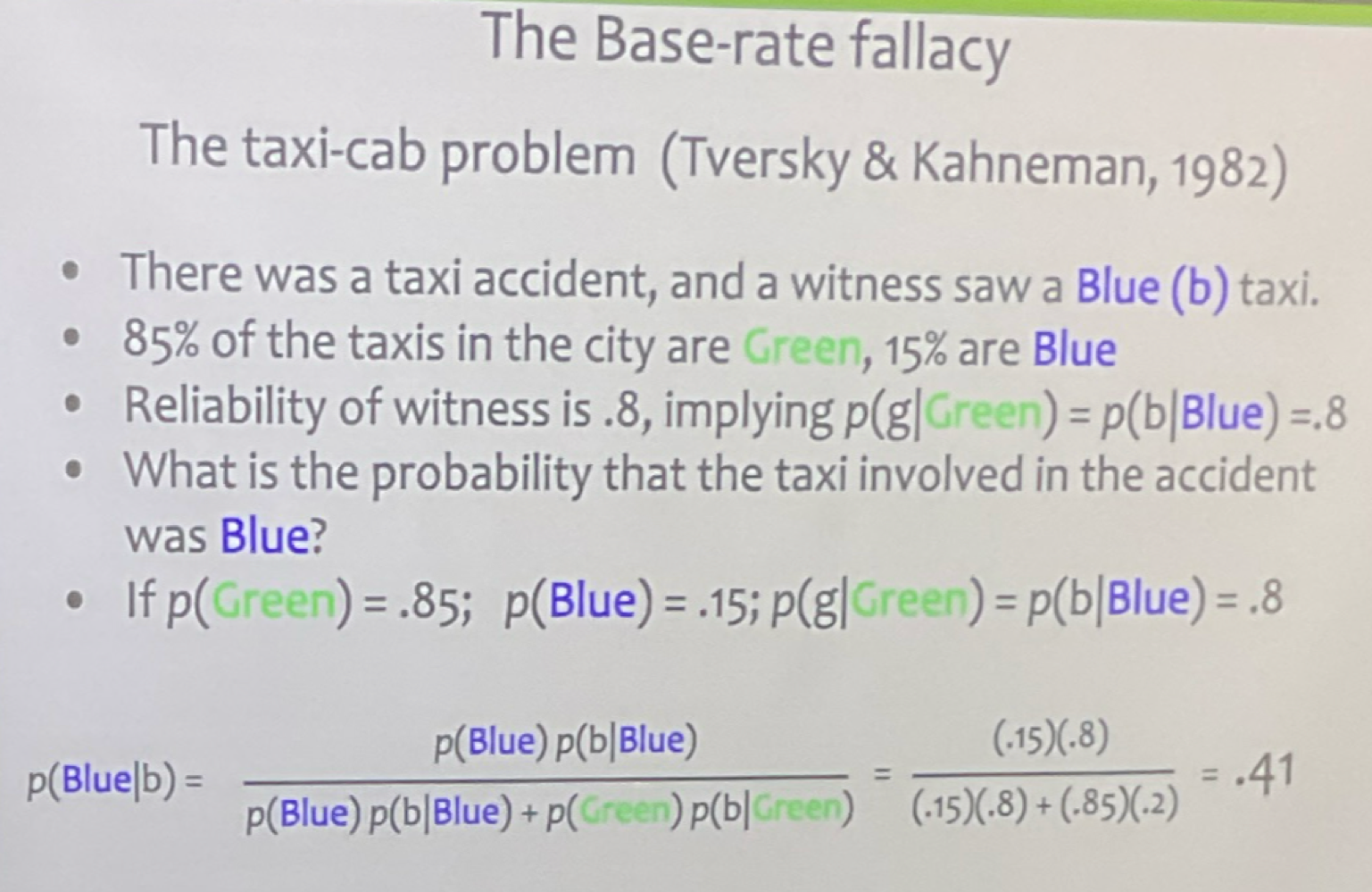 <ul><li><p>Heuristic: approximate strategy for problem solving thats easier than optimal strategy</p></li><li><p>In this scenario subjects typically say 80% because people ignore the prior</p></li><li><p>people dont use bayes rule but instead use heuristics and biases</p></li><li><p><strong>Prescriptivists</strong>: this kind of reasoning is genuinely defective</p></li><li><p><strong>Adaptive Strategies</strong>: heuristics work well in real ilfe</p></li></ul><p></p>