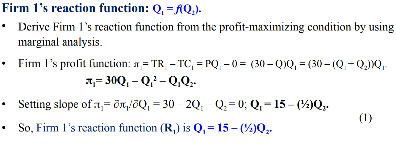 <p>The relationship between a firm’s profit-maximizing output, given the amount of output produced by the other firm.</p><ol><li><p>Firm 1’s reaction function is Q1=f(Q2)</p></li><li><p>Firm 2’s reaction function is Q2=f(Q1)</p></li></ol><p></p>