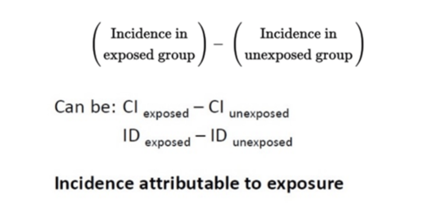 <p>Incidence attributable to exposure</p><p>Interpretation: <strong>Assuming causality</strong>, [X] cases of [outcome] among [exposed] is attributable to [exposure].</p>