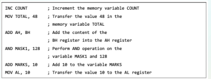 <p>format of assembly language statements</p><p><strong>mnemonic </strong>- name of instruction</p><p><strong>operands </strong>- parameters of the command</p>