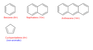 <p>cyclic alkanes with alternating single and double bonds</p><p>(ie cyclohexane with alternating single and double bonds)</p><p></p><p>follows the 4n + 2pi rule &amp; is conjugated</p>