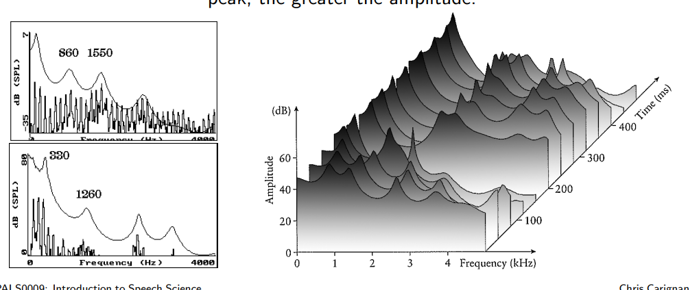<p>We can view speech over time (speech isn’t frozen in time, after all!) by putting spectra from different time points together in temporal order. This method of viewing speech is called a spectrogram.</p><p>A spectrogram provides three dimensions of information: time, frequency, and amplitude. Amplitude is represented by degrees of light-dark gray: the darker the peak, the greater the amplitude. </p>