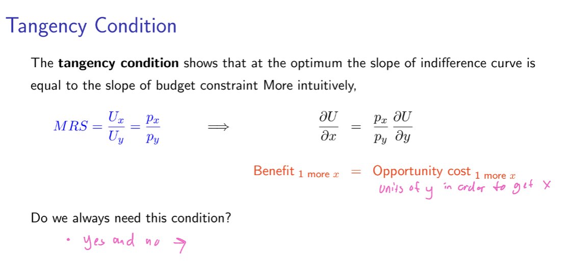 <ul><li><p>The tangency condition is only necessary but not sufficient unless we assume that MRS is diminishing</p></li><li><p>If MRS is diminishing, then indifference curves are strictly convex and we always have a maximum where MRS = px/py</p></li><li><p>If MRS is not diminishing, then we should check second-order conditions to ensure that we are at a maximum</p></li><li><p>essentially, it is setting our MRS = px/py</p></li></ul><p></p><p></p>
