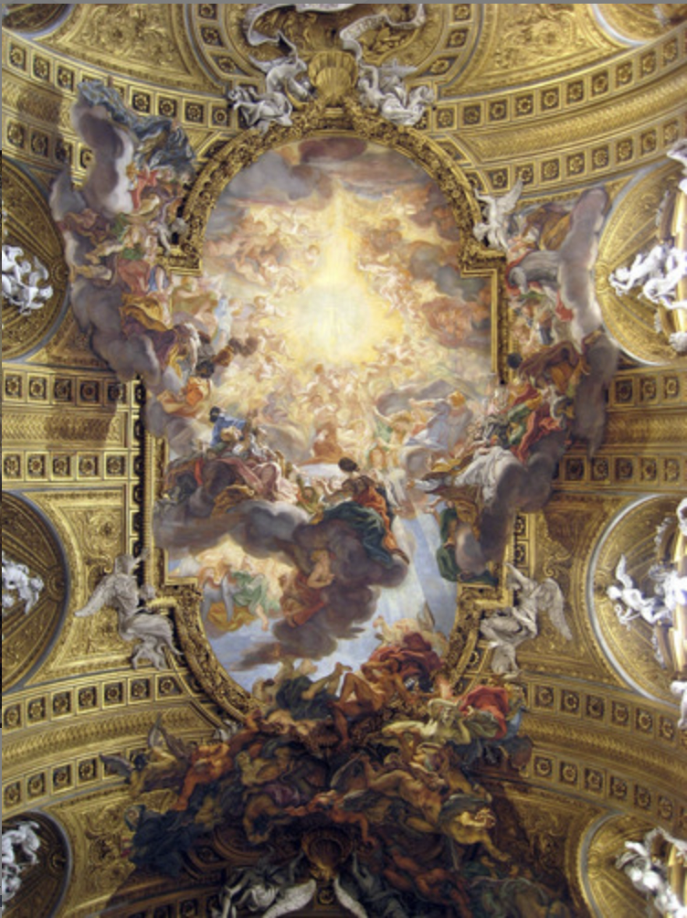 * Eye is drawn to the wall of light surrounding Jesus
* Even though it’s a painting, the figures seem to be crawling out of the frame and spreading all over the ceiling
* Materials change (bottom figures are stucco compared to other figures being fresco)