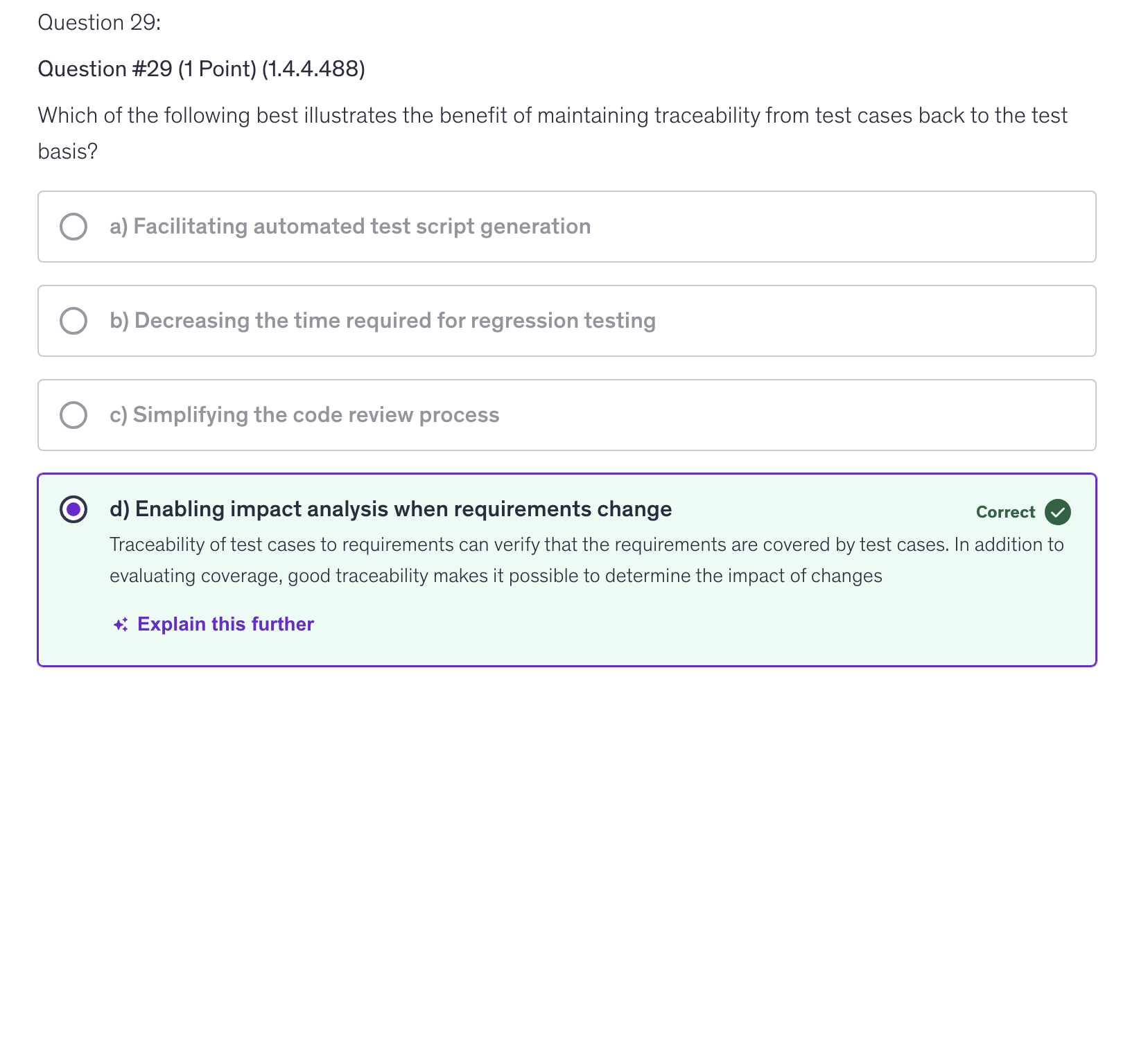 <p>d) Enabling impact analysis when requirements change</p>