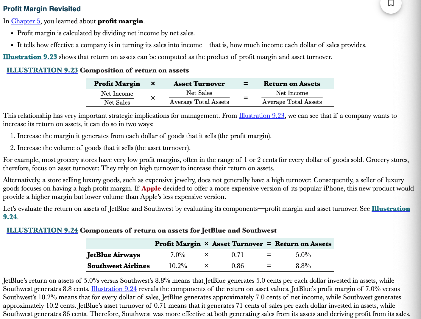 <p>Measures the percentage of each dollar of sales that result in net income</p>
<ul>
<li>Calculated by dividing net income by net sales</li>
</ul>
<p>Profit margin can be used to find return on assets by multiplying it with asset turnover</p>