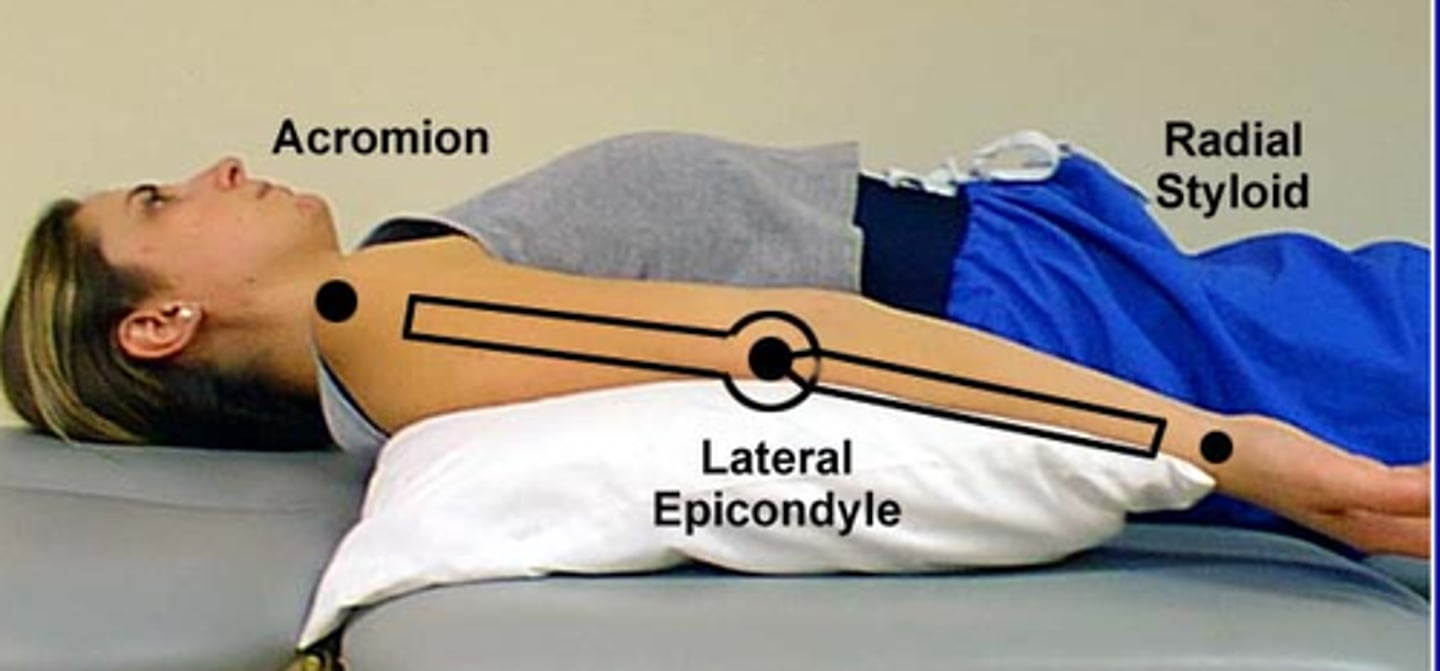 <p>fulcrum: lateral epicondyle<br>proximal: lateral midline of humerus (acromion process for reference)<br>distal: lateral midline of radius (radial styloid process for reference)<br><br>*supine<br>* TOWEL UNDER ELBOW<br>* normal value = 0</p>