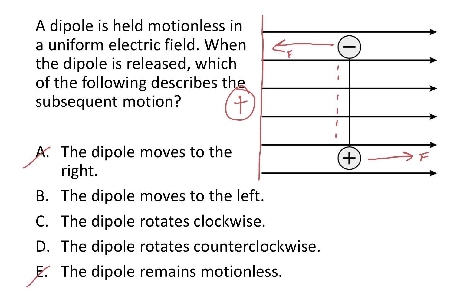 <p>A dipole is held motionless in a uniform electric field. Whenthe dipole is released, which of the following describes the subsequent motion? </p><p>A. The dipole moves to the right.</p><p>B. The dipole moves to the left.</p><p>C. The dipole rotates clockwise.</p><p>D. The dipole rotates counterclockwise.</p><p>E. The dipole remains motionless.</p><img src="blob:null/618584b3-331f-4e50-8a4d-f9c254e9c095">
