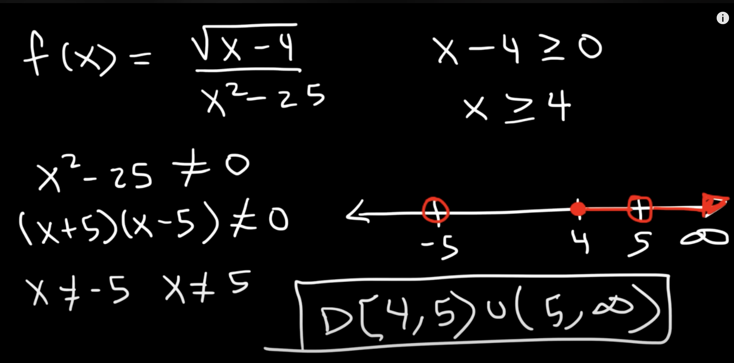 <ol><li><p>polynomial only (no fractions or square roots) → <span style="color: red"><strong>all real numbers</strong></span></p><ul><li><p>ex) 2x+1, 2x²+3x+1</p></li></ul></li><li><p>fraction only (no square roots) → <span style="color: red"><strong>set denom ≠<em> </em>0</strong></span></p><ul><li><p>ex) (2x+1)/(x²+5x+6)</p></li></ul></li><li><p>square root only (no fractions) → <span style="color: red"><strong>set ≥ 0</strong></span></p><ul><li><p>ex) sqrt(x+1)</p></li></ul></li><li><p>square root on the denominator → <span style="color: red"><strong>set denominator &gt; 0</strong></span></p></li><li><p>square root on the numerator → <span style="color: red"><strong>set denom ≠<em> </em>0, set num ≥ 0, then take the intersection</strong></span></p><ul><li><p>ex of #5 In image</p></li></ul></li></ol><p></p>