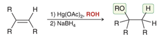 <p>additon of alkoxy group and H across a pi bond<strong> With no carbocation rearrangements</strong></p><p>markivnikov</p><p>Anti</p><p>involves formation of a bridged intermediate (mercurinium ion)</p>