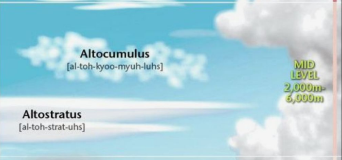 <ul><li><p>2000 - 6000 meters. Made of ice crystals at higher elevations and water droplets at lower elevations (Begin with the prefix <strong>alto</strong>)</p><ul><li><p>A. <strong>Altocumulus:</strong> Fairly large puffy clouds. Can be joined like a patchwork or clouds or can appear in linear bands</p></li><li><p>B. <strong>Altostratus:</strong> A reasonably thick layer of cloud. Looks like a white sheet covering the sky. The sun cannot be directly observed, but it’s location can be seen as a bright yellow or orange glow through the clouds.</p></li></ul></li></ul><p></p>
