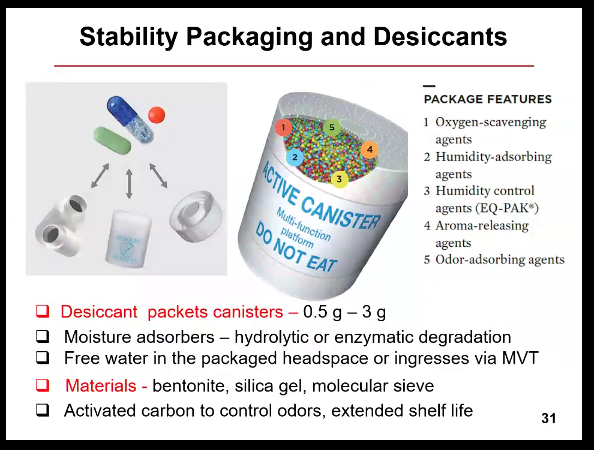 <ul><li><p><mark data-color="yellow" style="background-color: yellow; color: inherit">MOISTURE ADSORBERS — absorb free water in the packaged headspace or any that enter via MVT more quickly than the drug product</mark></p><ul><li><p><mark data-color="yellow" style="background-color: yellow; color: inherit">in order to protect against hydrolytic or enzymatic degradation</mark></p></li></ul></li><li><p>oxygen-scavenging agents</p></li><li><p>humidity control agents</p></li><li><p>aroma-releasing agents</p></li><li><p>odor-adsorbing agents</p></li></ul><p></p>