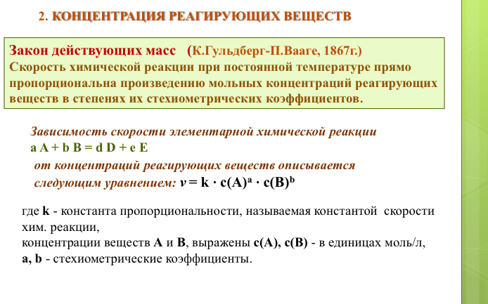 <p>Закон действующих масс: скорость элементарной реакции при постоянной температуре пропорциональна произведению мольной концентрации в степенях, равных их стехиометрическим коэффициентам. Отсюда вытекает, что изменение концентрации влияет на скорость гомогенной реакции. Изменение давления влияет на скорость гомогенных реакций в газовой фазе.</p>