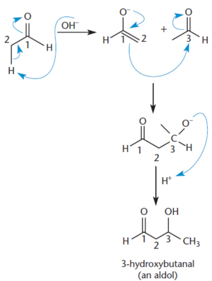 <p>nucleophilic addition to a carbonyl; aldehyde or ketone acts both as an velectrophile (in its keto form) and a nucleophile (in its enolate form); end result is the formation of a carbon–carbon bond</p>