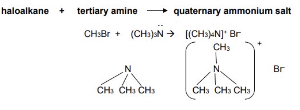 <p>the tertiary amine produced can also react with another haloalkane to produce a quaternary ammonium salt </p><ul><li><p>haloalkane + tertiary amine → quaternary ammonium salt </p></li></ul>