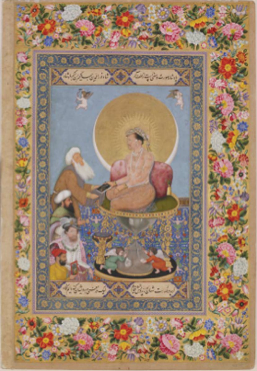<p>1670. Bichitr. Watercolor, gold, ink, paper<br>Jahangir (seizure of world) is the BIGGEST hierarchy of scale. Surrounded by a SUN AND MOON HALO.<br>Wanted his accomplishments recorded, so he brought along artists.<br>Collected things from distant lands<br>NOT "REAL", imagined by artists. F;latter James I of England and the Ottoman sultan.<br>James is JIM STRANG LOL, ottoman sultan is being respectful and humble.<br>Shows that Jahangar would rather seek audience with a PRIEST than KING, he's so humble and good at being religious<br>Artists included a mini self portrait in the corner<br>Throne is an hourglass? Time is running out?</p>